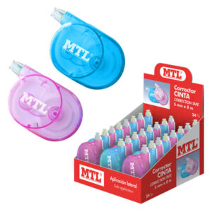 dohe mtl expositor de 12 correctores cinta aplicacion lateral 5mm de ancho aplicacion limpia y precisa rapida cobertura cuerpo de plastico transparente colores azul y rosa