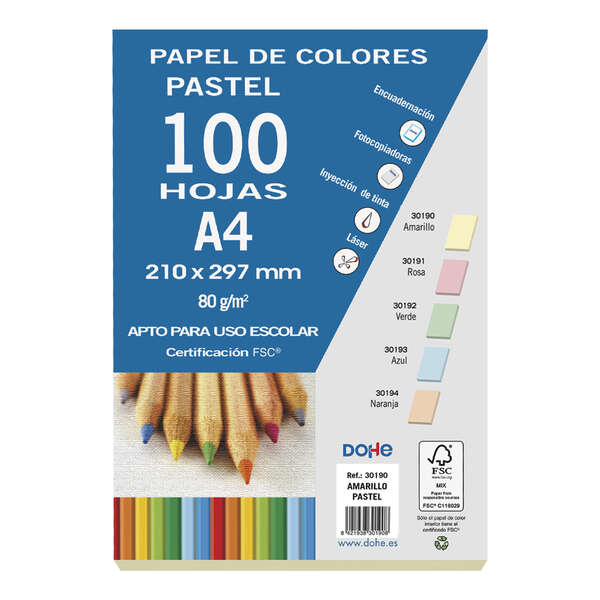 dohe papel multifuncion color pastel 80g apto para fotocopiadoras, impresoras laser y chorro de tinta ideal para uso escolar