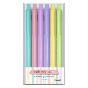 dohe pack de 6 boligrafos retractiles punta bola metalica de 1mm trazo de 0,4mm tinta azul cuerpo en tonos pastel surtidos