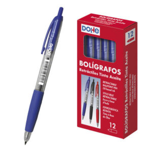dohe boligrafos retractiles de tinta a base de aceite punta bola de 1mm trazo de 0.4mm cuerpo transparente con grip de caucho caja de 12 unidades