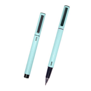 dohe boligrafos elegantes de aluminio cuerpo ovalado en verde ligeros y ergonomicos capucha con clip tinta azul