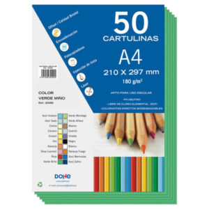 dohe pack de 50 cartulinas a4 de 180g/m2 ph neutro libres de cloro elemental colorantes biodegradables color verde miño