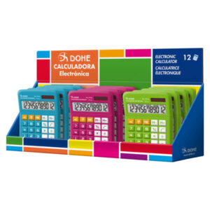dohe expositor de 12 calculadoras alimentacion solar y a pilas 12 digitos teclas de memoria colores surtidos