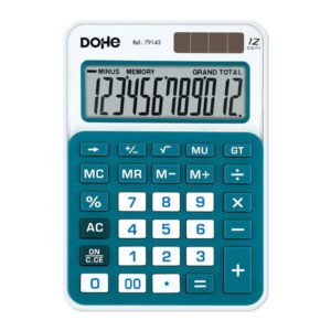dohe calculadora de sobremesa mediana 12 digitos teclas de gran formato 4 teclas de memoria apagado automatico alimentacion solar y pilas color blanco/azul