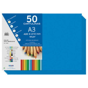 dohe pack de 50 cartulinas a3 de 180gr con ph neutro libres de cloro elemental color azul bermudas