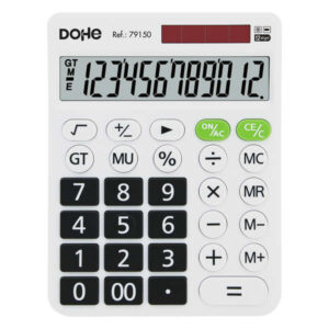 dohe calculadora de sobremesa grande 12 digitos pantalla reclinada teclas de gran formato raiz cuadrada, gran total, recuperacion de memoria alimentacion solar y a pilar color blanco/negro