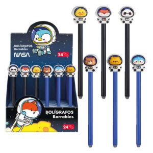 dohe expositor de 24 boligrafos borrables punta bola metalica 1mm trazo 0.5mm capuchon decorado con astronautas animales tinta azul
