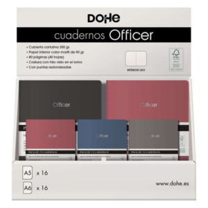 dohe expositor de cuadernos officer tamaño a5 y a6 cubierta en cartulina de 300g estampacion en portada interior de 40 hojas lisas en papel ahuesado de 90g retractilado de 2 unidades
