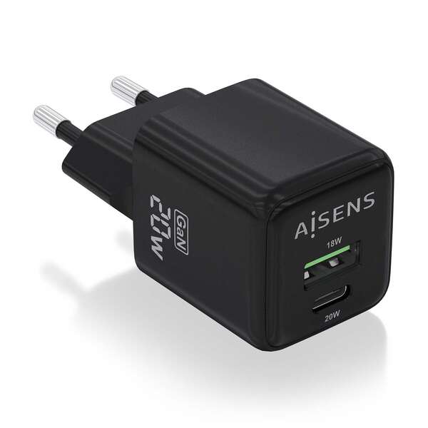 aisens cargador gan 20w 1xusb c pd3.0 qc4.0 1xusb a qc3.0 color negro