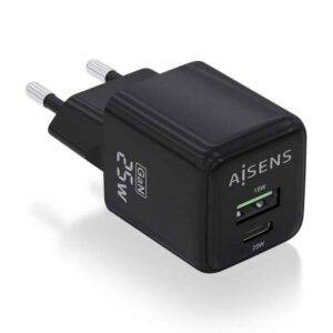 aisens cargador gan 25w 1xusb c pd3.0 qc4.0 1xusb a qc3.0 color negro