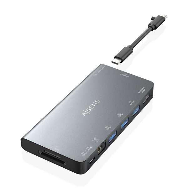 aisens usb c dock 8 en 1 usb c a 1xhdmi 1xrj45 3xusb a 1xusb c datos+pd 1xsd 1xmicro sd 10cm color gris
