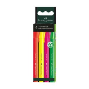 faber castell textliner 38 pack de 4 marcadores fluorescentes cuerpo fino punta biselada trazo grueso y fino tinta con base de agua colores surtidos