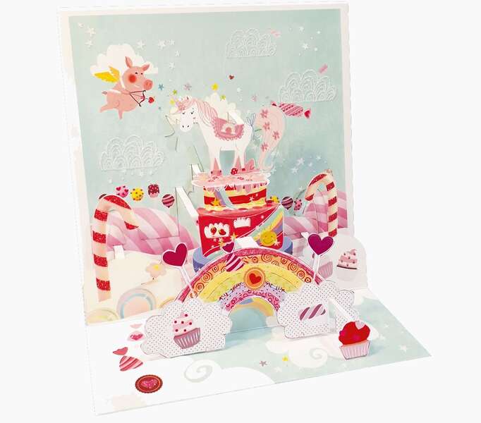 pictura tarjeta 3d pop up unicornio 16x16cm tematica unicornio embolsada individualmente incluido sobre blanco papel con certificacion fsc