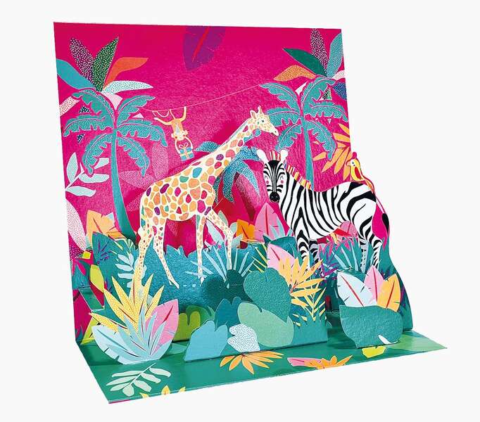 pictura tarjeta 3d pop up 16x16cm tematica jungla embolsada individualmente incluye sobre blanco papel con certificacion fsc