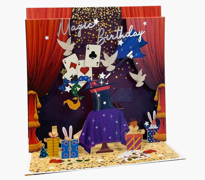 pictura tarjeta 3d pop up 16x16cm tematica de magia embolsada individualmente en celofan incluido sobre blanco papel con certificacion fsc