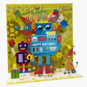 pictura tarjeta 3d pop up 16x16cm tematica robots embolsada individualmente incluido sobre blanco papel con certificacion fsc