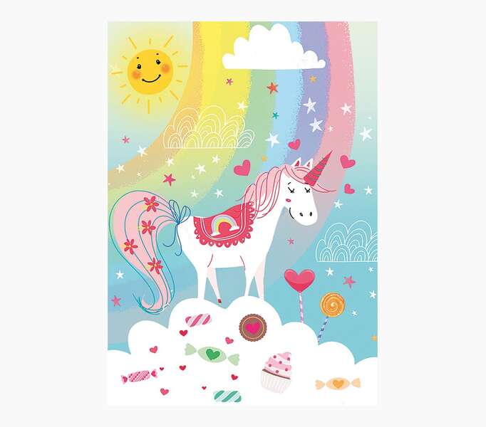 pictura tarjeta zig zag 15x22cm tematica unicornio triptica sin envoltorio incluye sobre blanco papel con certificacion fsc