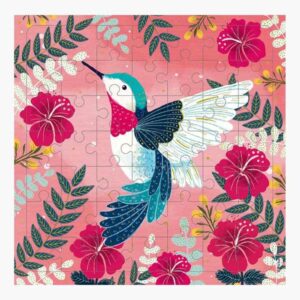 pictura tarjeta puzzle colibri de 49 piezas + tarjeta plegada troquelado 15.5x15.5cm incluye sobre blanco y envoltorio de celofan papel con certificacion fsc