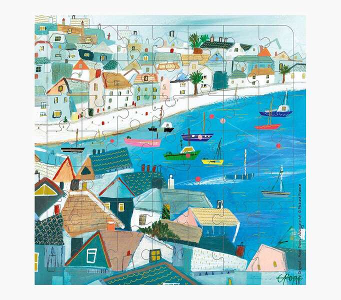 pictura tarjeta puzzle vista del puerto de 49 piezas + tarjeta plegada troquelado 15.5x15.5cm incluye sobre blanco y envoltorio de celofan papel con certificacion fsc