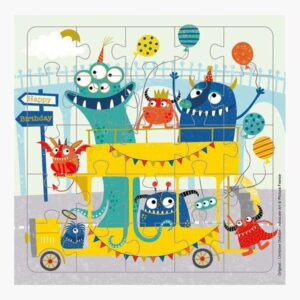 pictura tarjeta puzzle monstruos de 25 piezas + tarjeta plegada troquelado 15.5x15.5cm incluye sobre blanco y envoltorio de celofan papel con certificacion fsc