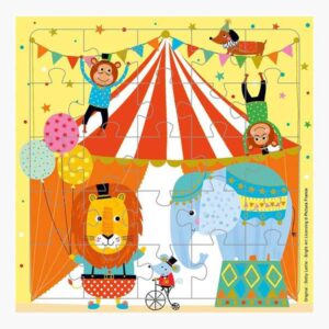 pictura tarjeta puzzle 15.5x15.5cm tematica circo 25 piezas tarjeta plegada incluida embolsada en celofan sobre blanco incluido papel con certificacion fsc