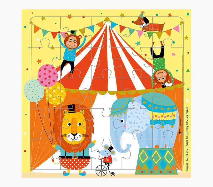 pictura tarjeta puzzle 15.5x15.5cm tematica circo 25 piezas tarjeta plegada incluida embolsada en celofan sobre blanco incluido papel con certificacion fsc