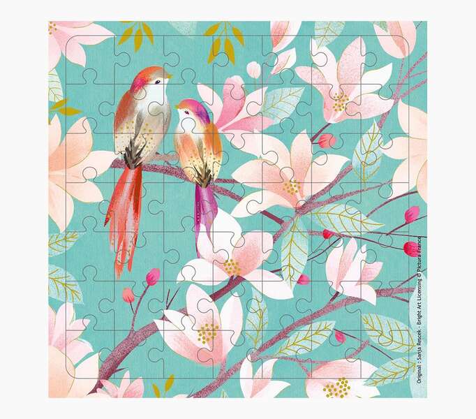 pictura tarjeta puzzle 15.5x15.5cm tematica de pajaros 49 piezas incluye tarjeta plegada y sobre blanco certificacion fsc embolsada individualmente