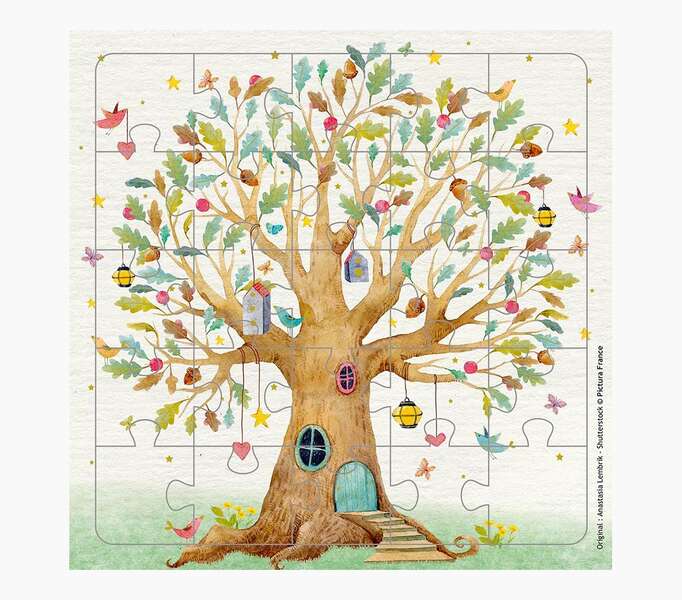 pictura tarjeta puzzle 15.5x15.5cm tematica arbol casa 25 piezas incluye tarjeta plegada y sobre blanco certificacion fsc