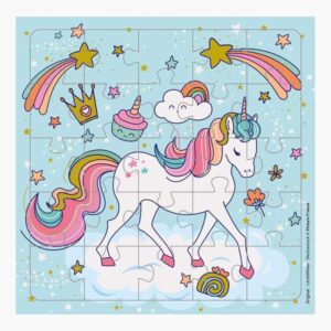 pictura tarjeta puzzle unicornio 15.5x15.5cm 25 piezas tematica unicornio incluye tarjeta plegada y sobre blanco certificacion fsc