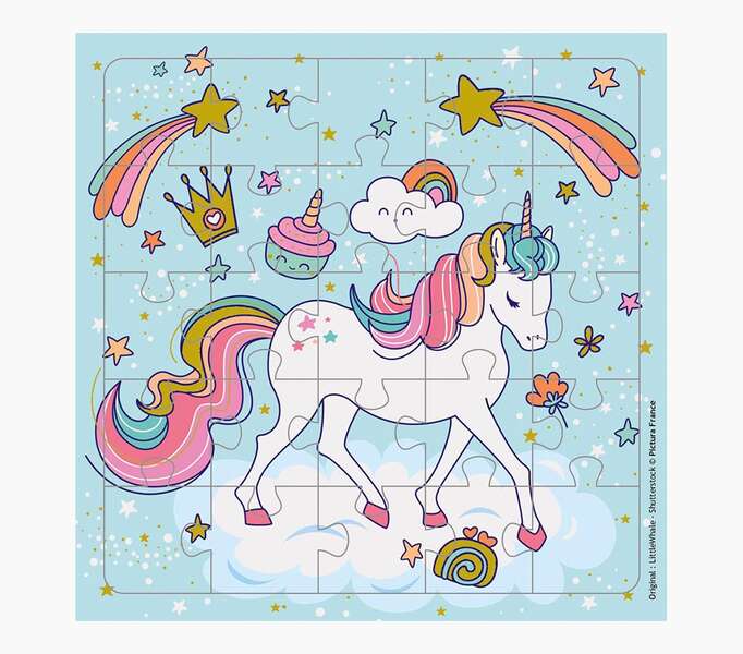 pictura tarjeta puzzle unicornio 15.5x15.5cm 25 piezas tematica unicornio incluye tarjeta plegada y sobre blanco certificacion fsc