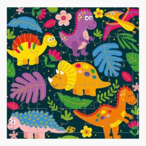 pictura tarjeta puzzle dinosaurios 15.5x15.5cm 25 piezas tematica de dinosaurios incluye tarjeta plegada y sobre blanco certificacion fsc embolsada en celofan