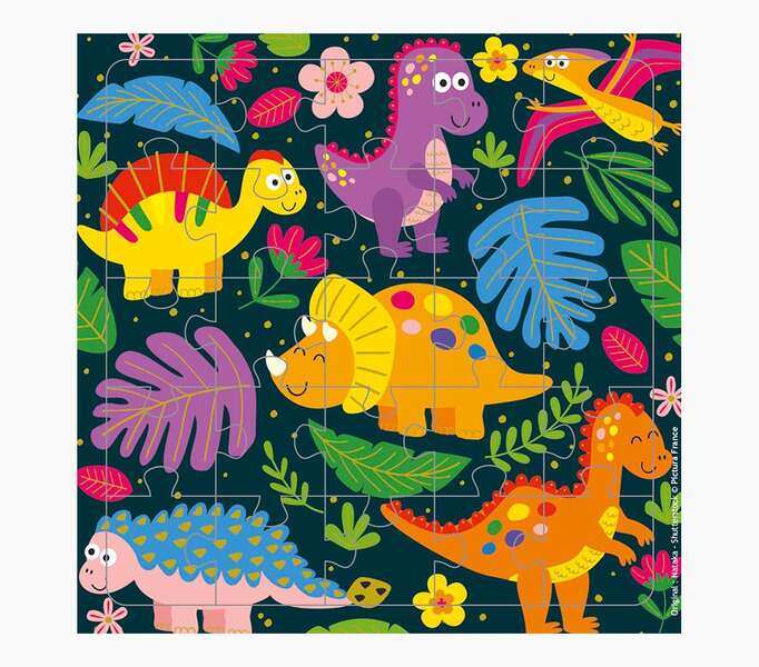 pictura tarjeta puzzle dinosaurios 15.5x15.5cm 25 piezas tematica de dinosaurios incluye tarjeta plegada y sobre blanco certificacion fsc embolsada en celofan