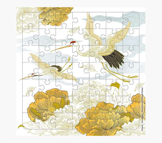 pictura tarjeta puzzle 15.5x15.5cm tematica grullas 49 piezas incluye tarjeta plegada y sobre blanco certificacion fsc