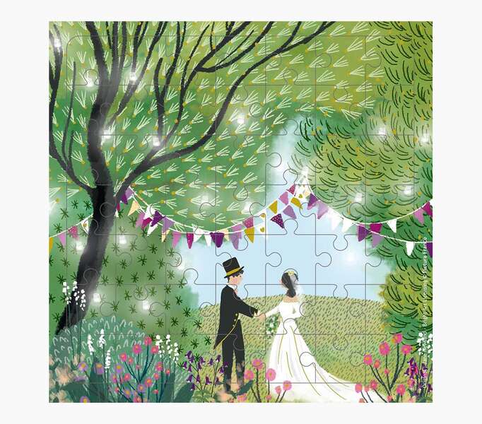 pictura tarjeta puzzle 15.5x15.5cm tematica boda 49 piezas tarjeta plegada incluida embolsada en celofan sobre blanco incluido papel con certificacion fsc
