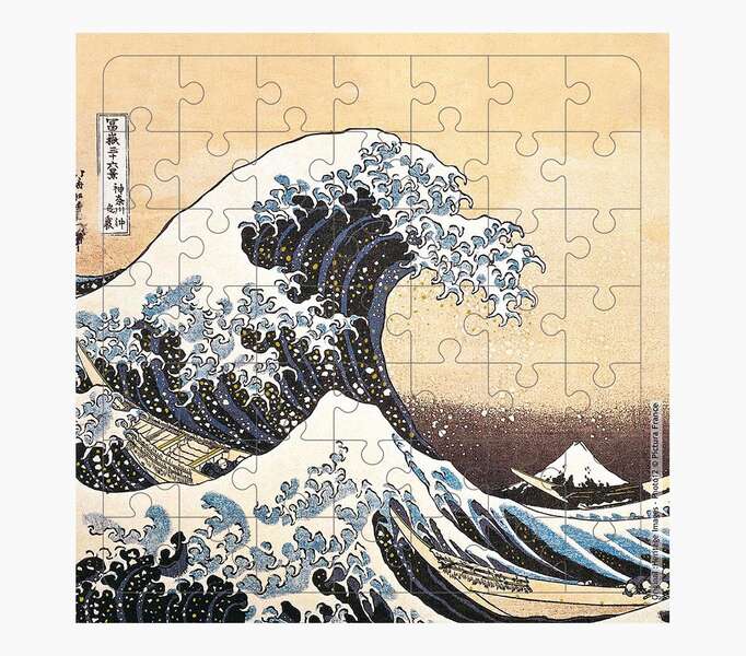 pictura tarjeta puzzle 15.5x15.5cm tematica la gran ola de kanagawa 49 piezas incluye tarjeta plegada y sobre blanco certificacion fsc