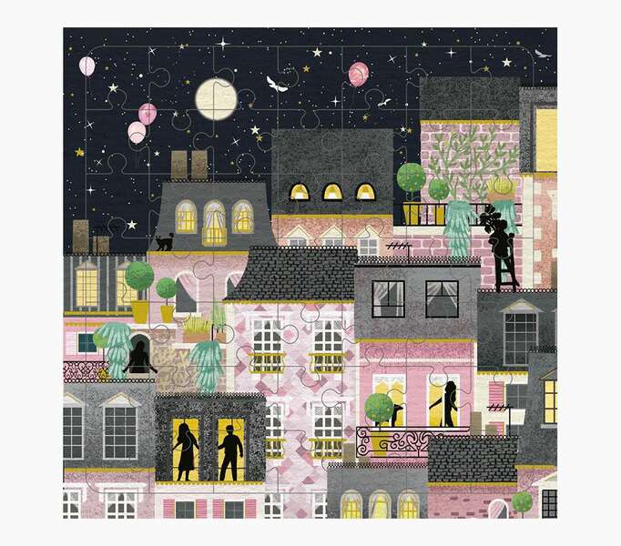 pictura tarjeta puzzle 15.5x15.5cm tematica ciudad de noche 49 piezas incluye tarjeta plegada y sobre blanco certificacion fsc