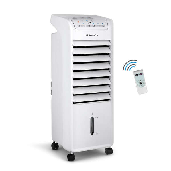 orbegozo climatizador evaporativo 3 en 1 freshair potente y silencioso aletas direccionales temporizador 7h facil manejo ruedas para transporte mando a distancia