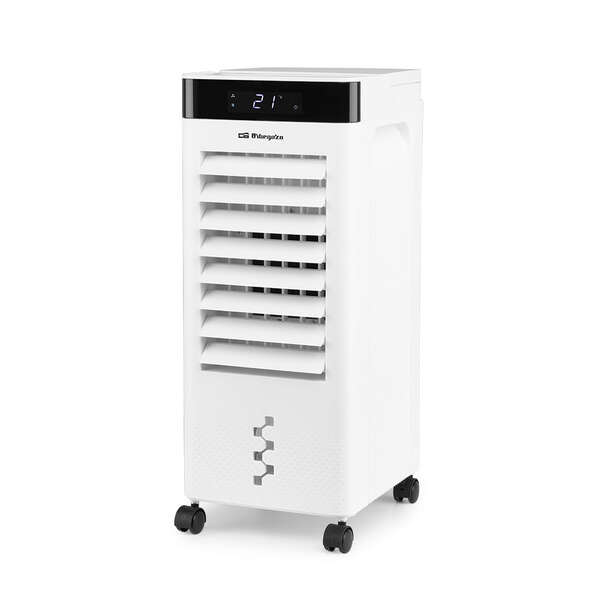 orbegozo air 37 climatizador 3 en 1 purifica, humidifica y refresca potencia 65w display digital temporizador 12h deposito 6l 3 velocidades lamas oscilantes ruedas pivotantes silencioso y facil de usar