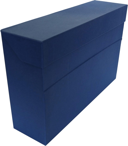 elba caja de transferencia carton forrado con tela geltex tapa con cierre de presion solapa abatible medidas 39.6x25.4cm color azul