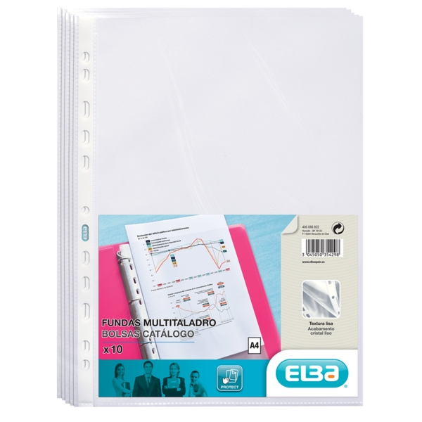 elba pack de 10 fundas multitaladro pp 70 micras tamaño a4 acabado cristal transparente