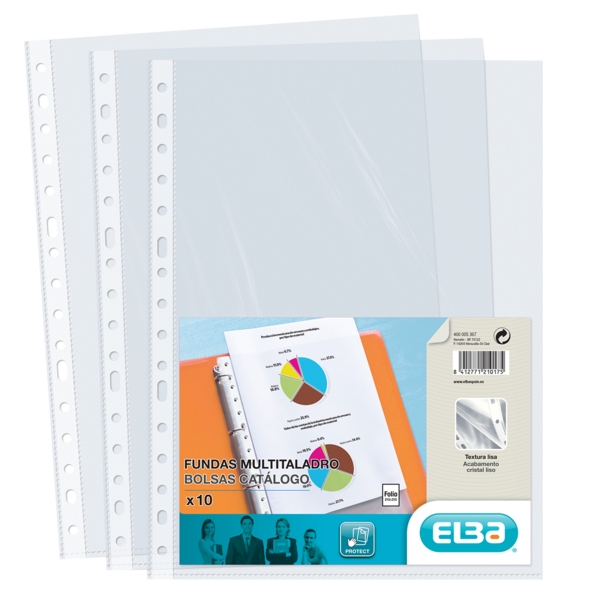 elba pack de 10 fundas multitaladro pp 70 micras tamaño folio acabado cristal transparente