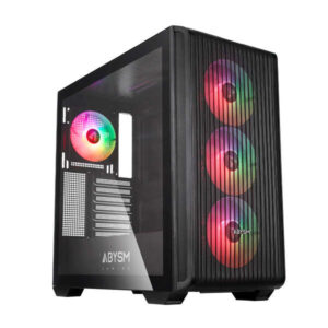 abysm danube kamp bx300 black caja torre atx, itx, micro atx lateral cristal templado 3.5" y 2.5" usb a, usb c y audio 4 ventiladores argb instalados soporta refrigeracion liquida
