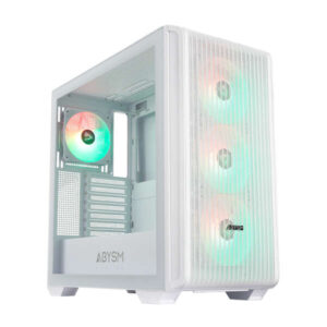 abysm danube kamp bx300 white caja torre atx, itx, micro atx lateral cristal templado 3.5" y 2.5" usb a, usb c y audio 4 ventiladores argb instalados soporta refrigeracion liquida