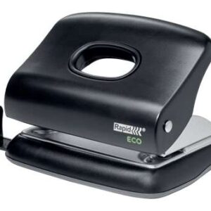 rapid eco taladro perforador perfora hasta 20 hojas facil vaciado punzones 5.5mm fabricado con un 74% de plastico reciclado postconsumo color negro