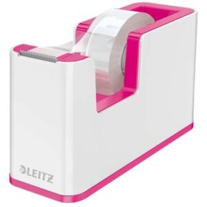 leitz wow dispensador de cinta adhesiva para rollos de hasta 19mm x 33m incluye cinta autoadhesiva escribible color blanco/rosa