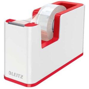 leitz wow dispensador de cinta adhesiva para rollos de hasta 19mm x 33m incluye cinta autoadhesiva escribible color blanco/rojo