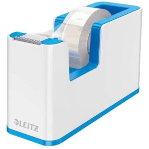 leitz wow dispensador de cinta adhesiva para rollos de hasta 19mm x 33m incluye cinta autoadhesiva escribible color blanco/azul