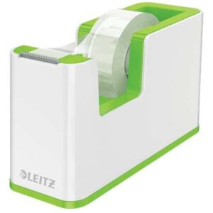 leitz wow dispensador de cinta adhesiva para rollos de hasta 19mm x 33m incluye cinta autoadhesiva escribible color blanco/verde