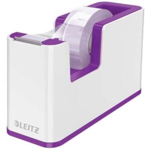 leitz wow dispensador de cinta adhesiva para rollos de hasta 19mm x 33m incluye cinta autoadhesiva escribible color blanco/violeta
