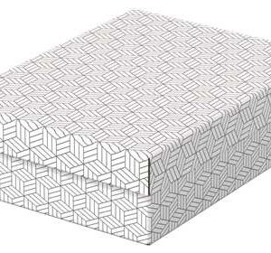 esselte pack de 3 cajas medianas de almacenamiento con tapa 265x100x360mm carton 100% reciclado y reciclable diseño blanco con dibujo